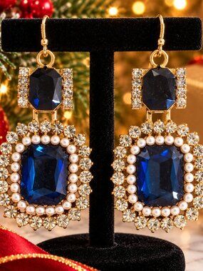 D'Bello Drop Earrings Blue Center Stone Seed  Pearl Rhinestone GIFT